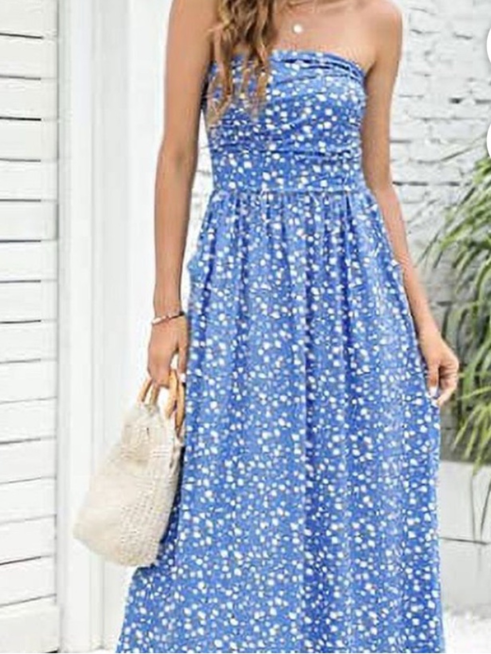 Strapless Blue Floral Maxi Dress
